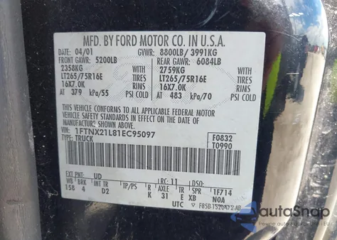 2001 Ford F-250 Lariat/Xl/Xlt z USA, uszkodzony, nr VIN 1FTNX21L81EC95097